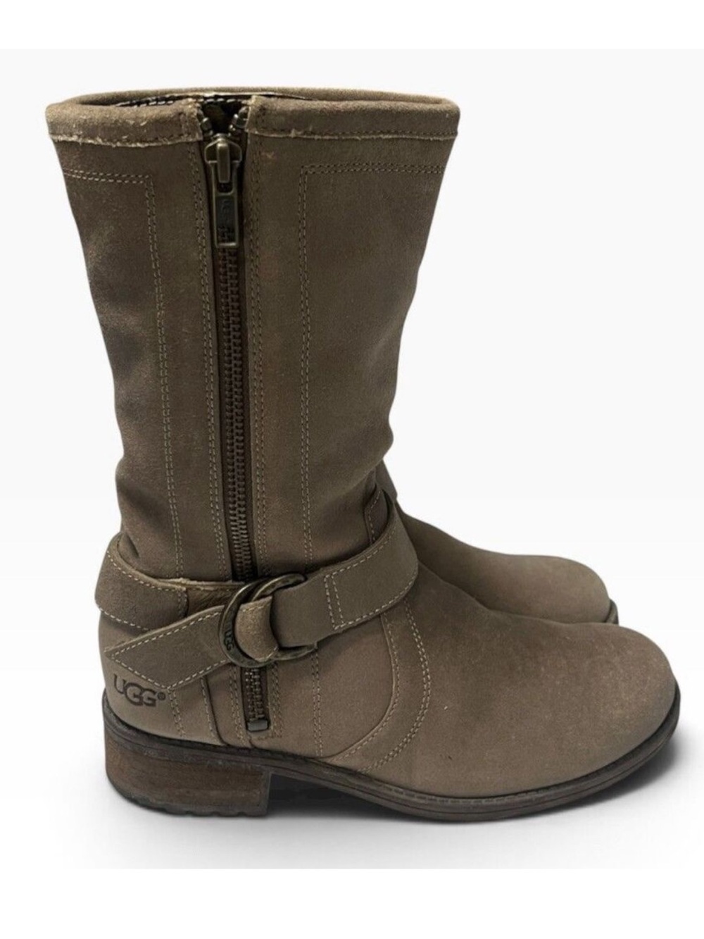 UGG Silva Suede Boots Moto Biker Zip Harness Tan Brown Taupe Women’s Size 6